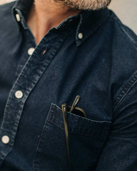 our fit model wearing The Jack in Indigo Oxford, Wovens by Taylor Stitch