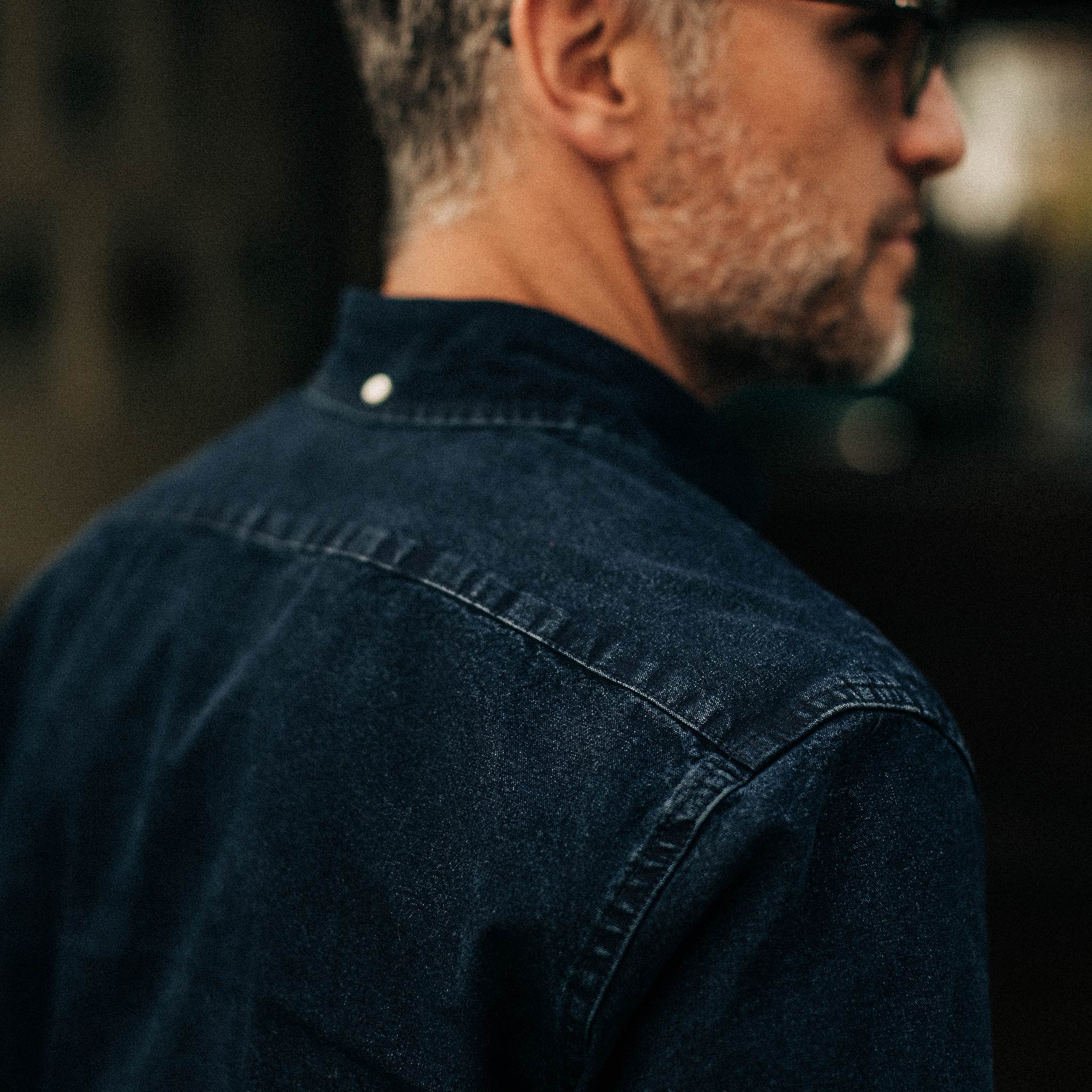 our fit model wearing The Jack in Indigo Oxford, Wovens by Taylor Stitch