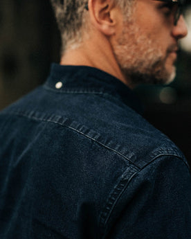our fit model wearing The Jack in Indigo Oxford, Wovens by Taylor Stitch
