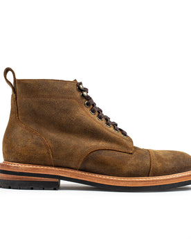 flatlay of The Moto Boot in Golden Brown Waxed Suede, shown from the side, Footwear by Taylor Stitch