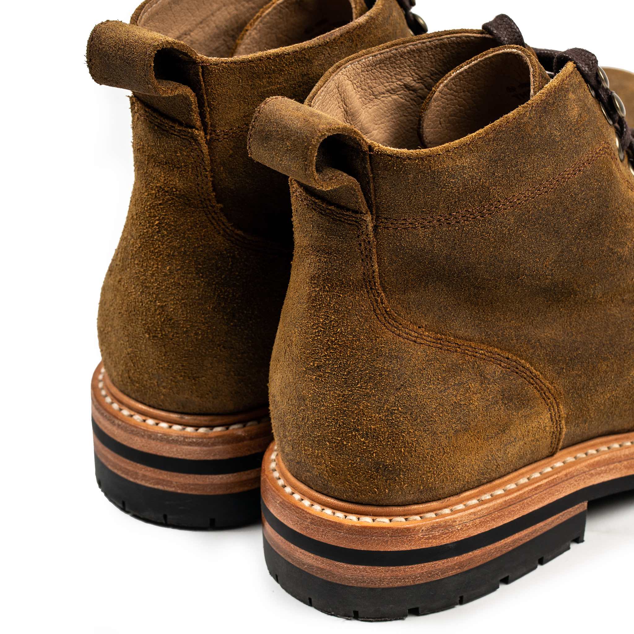 material shot of the back and pull tab of The Moto Boot in Golden Brown Waxed Suede, Footwear by Taylor Stitch