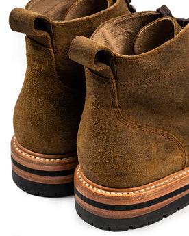 material shot of the back and pull tab of The Moto Boot in Golden Brown Waxed Suede, Footwear by Taylor Stitch