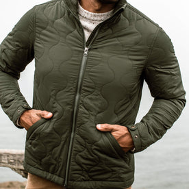 our fit model wearing The Vertical Jacket in Olive