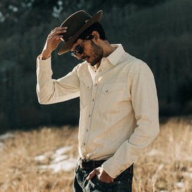 our fit model wearing The Western Shirt in Natural Corded Denim