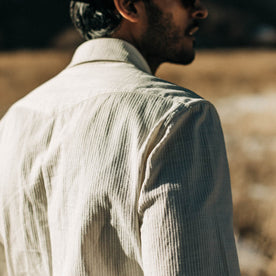 our fit model wearing The Western Shirt in Natural Corded Denim