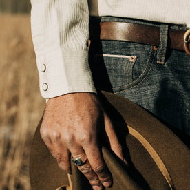 our fit model wearing The Western Shirt in Natural Corded Denim