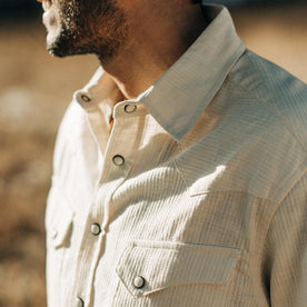 our fit model wearing The Western Shirt in Natural Corded Denim
