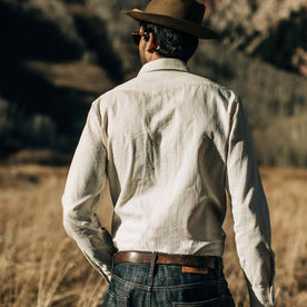 our fit model wearing The Western Shirt in Natural Corded Denim