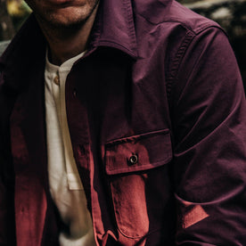 fit model wearing The Over Shirt in Wine, chest detail
