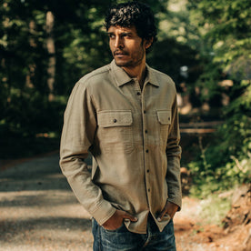 our fit model wearing The Corso in Khaki Double Cloth—hands in pockets