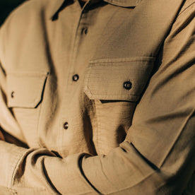 our fit model wearing The Corso in Khaki Double Cloth—cropped shot of chest