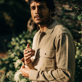 our fit model wearing The Corso in Khaki Double Cloth—cropped shot from chest up