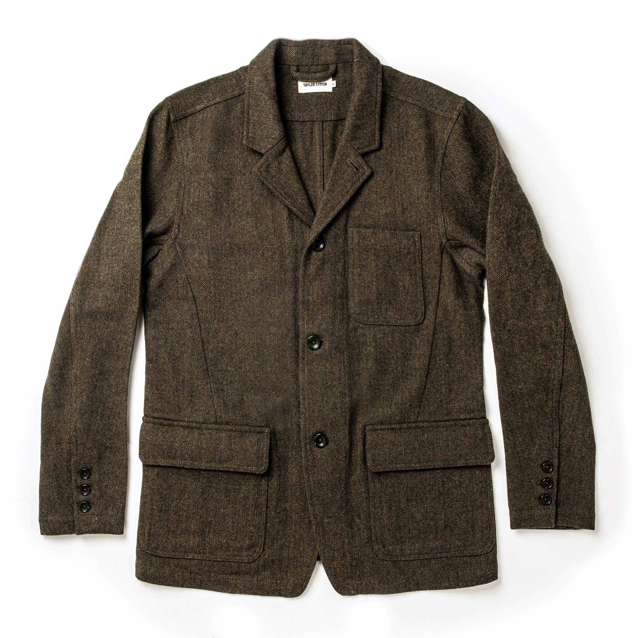 flatlay of The Gibson Jacket in Olive Herringbone Wool, Outerwear by Taylor Stitch