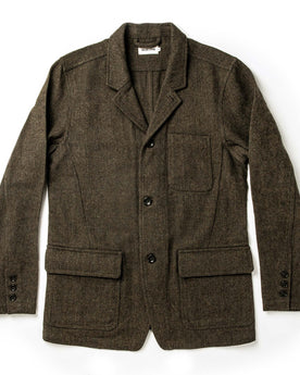 flatlay of The Gibson Jacket in Olive Herringbone Wool, Outerwear by Taylor Stitch