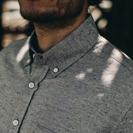 our fit model wearing The Jack in Charcoal Fleck—cropped shot of collar