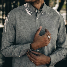 our fit model wearing The Jack in Charcoal Fleck—cropped shot of chest