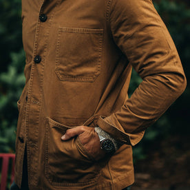 our fit model wearing The Ojai Jacket in Tobacco—hands in pockets