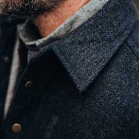 out fit model wearing The Wilton Jacket in Navy Birdseye Wool—cropped shot of collar