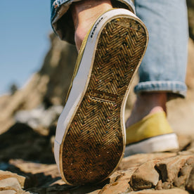 fit model wearing The Sano Slip-On in Gold Boss Duck, sole shot