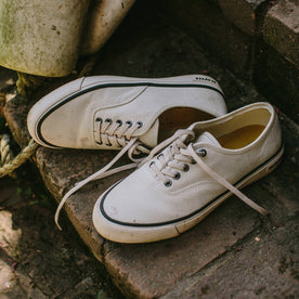 material shot of fit model wearing The Vista Sneaker in Natural Boss Duck, on steps