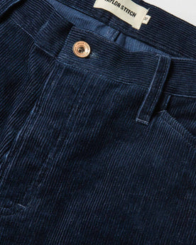 material shot of The Camp Pant in Indigo Corduroy—button and pocket shot, Bottoms by Taylor Stitch