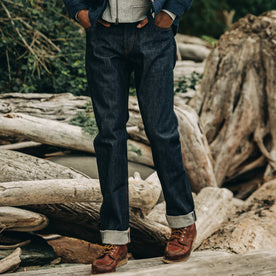 fit model wearing The Democratic Jean in Cone Mills Reserve Selvage, waist down shot