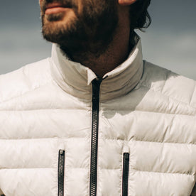 our fit model wearing The Taylor Stitch x Mission Workshop Farallon Jacket in fog—cropped shot of chest