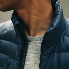 out fit model wearing The Taylor Stitch x Mission Workshop Farallon Jacket in Midnight Blue—cropped shot or collar