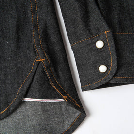 material shot of wrist snaps and selvage detailing