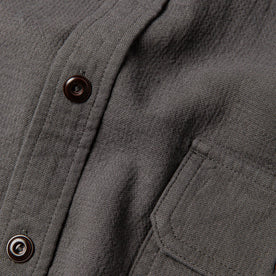 material shot of The Corso Shirt in Indigo Double Cloth with close up of placket and front chest pocket