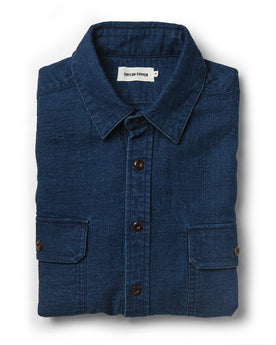 flatlay of The Corso Shirt in Indigo Double Cloth from the front folded up, Wovens by Taylor Stitch