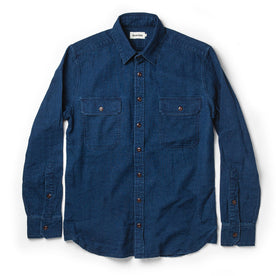 flatlay of The Corso Shirt in Indigo Double Cloth from the front with sleeves unfolded and visible