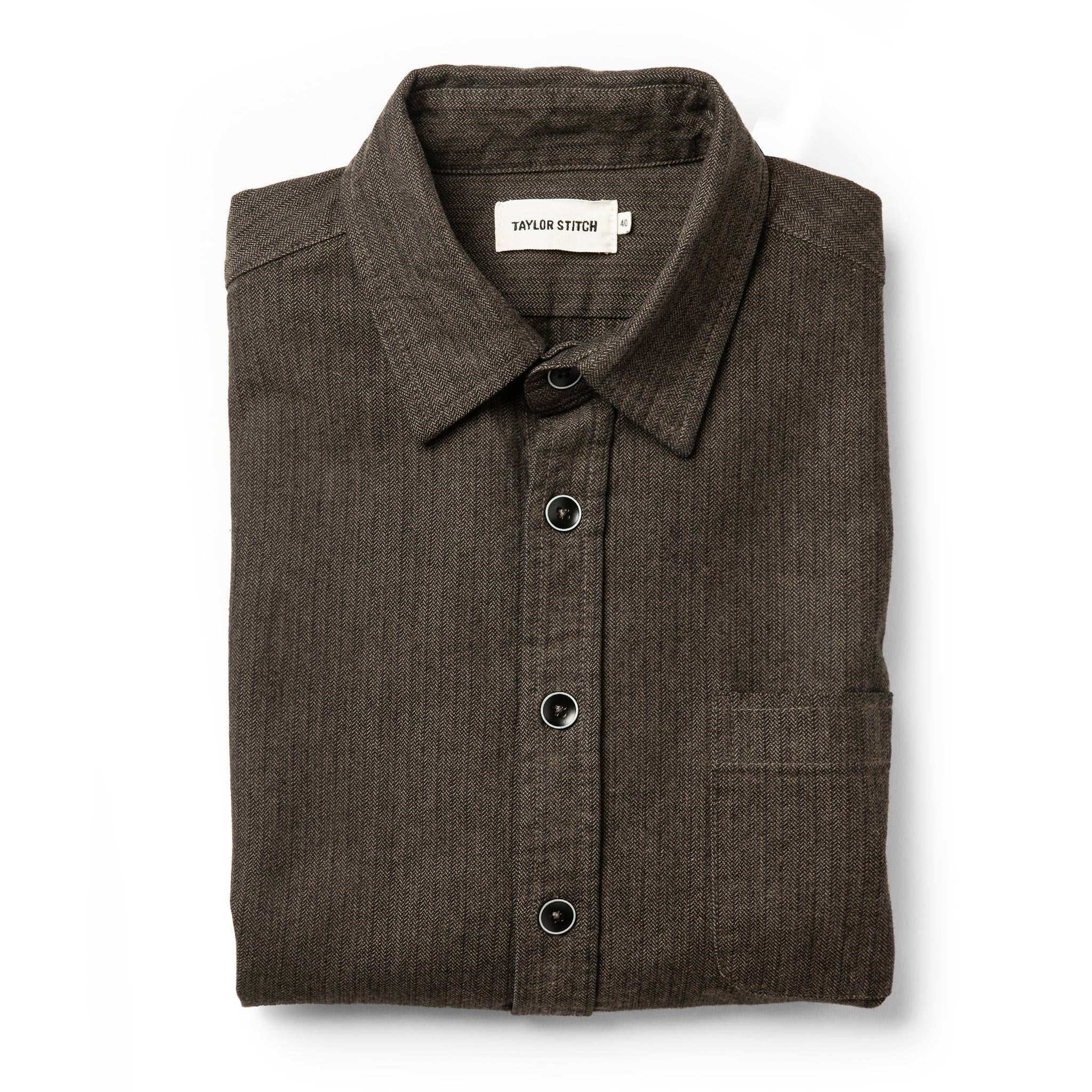 The Mechanic Shirt in Dark Olive Herringbone: Featured Image, Wovens by Taylor Stitch