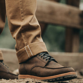 our fit model wearing The Scout Boot in Espresso Grizzly—cuffed pants
