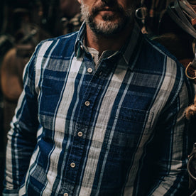 fit model wearing The California in Indigo Plaid, shot of chest