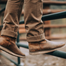 fit model wearing The Democratic All Day Pant in Rustic Oak Organic Selvage, cuff