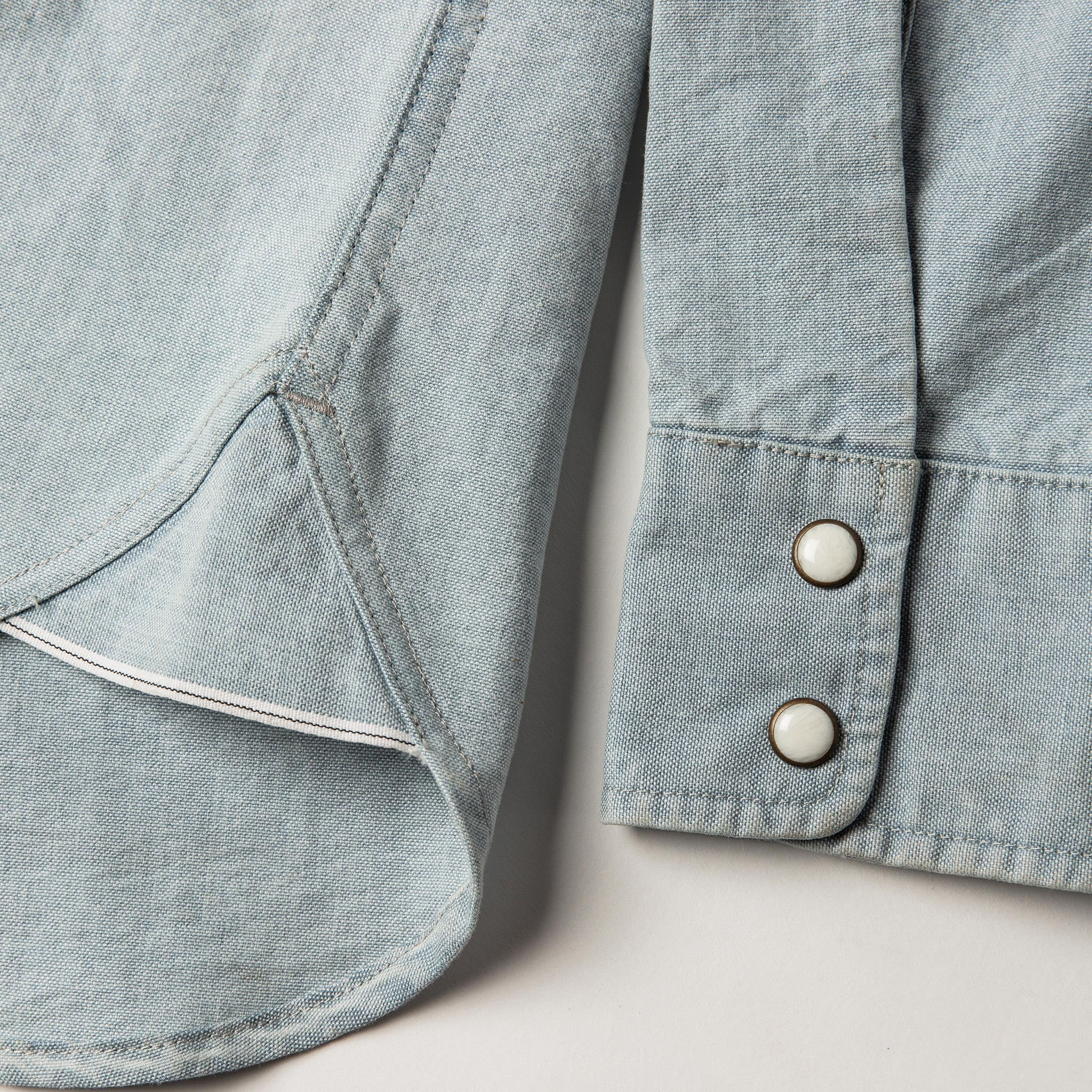 material shot of selvage detail and sleeve cuttons, Wovens by Taylor Stitch